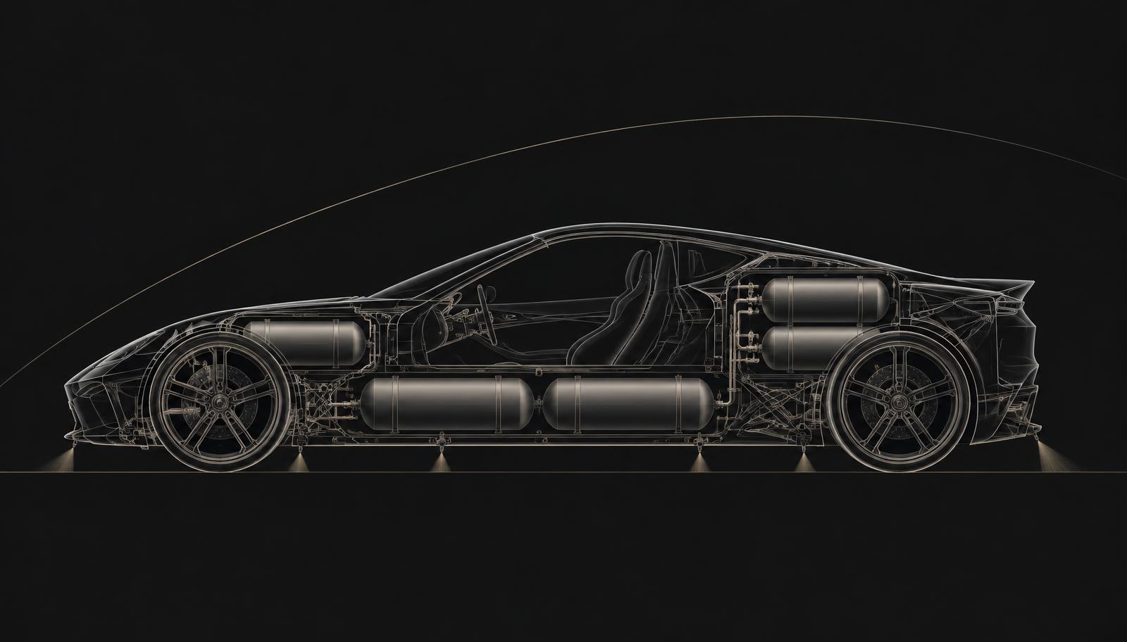 Illustrated cut-away of a sports car showing compressed-air tanks and thruster nozzles around the body, with an arc suggesting a ramp.